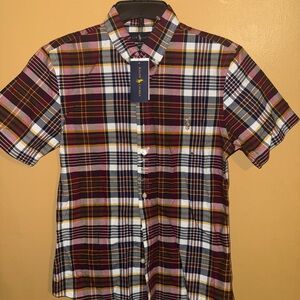 Ralph Lauren Short-Sleeve Plaid Button-Down Shirt - Burgundy, White, Yellow sm